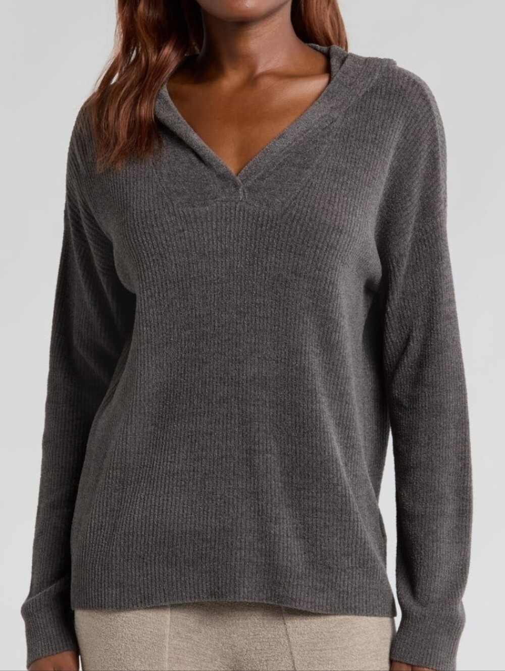 Barefoot Dreams CozyChic Ultra Lite Sweater Hoodie V-Neck Ribbed Sweater - Gray